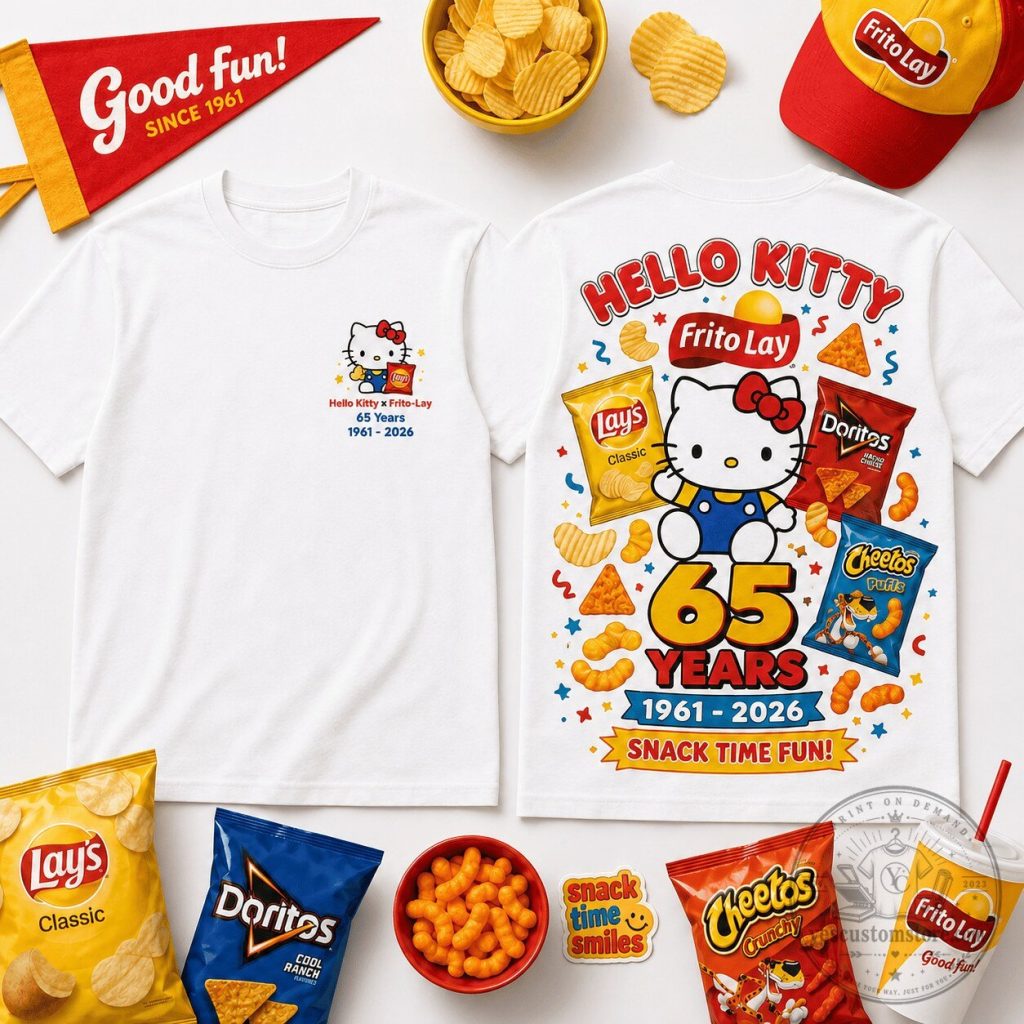 Hello Kitty Frito-Lay 65th Anniversary Snack Time Fun White T-Shirt Hello Kitty Frito-Lay 65th Anniversary Snack Time Fun White T-Shirt