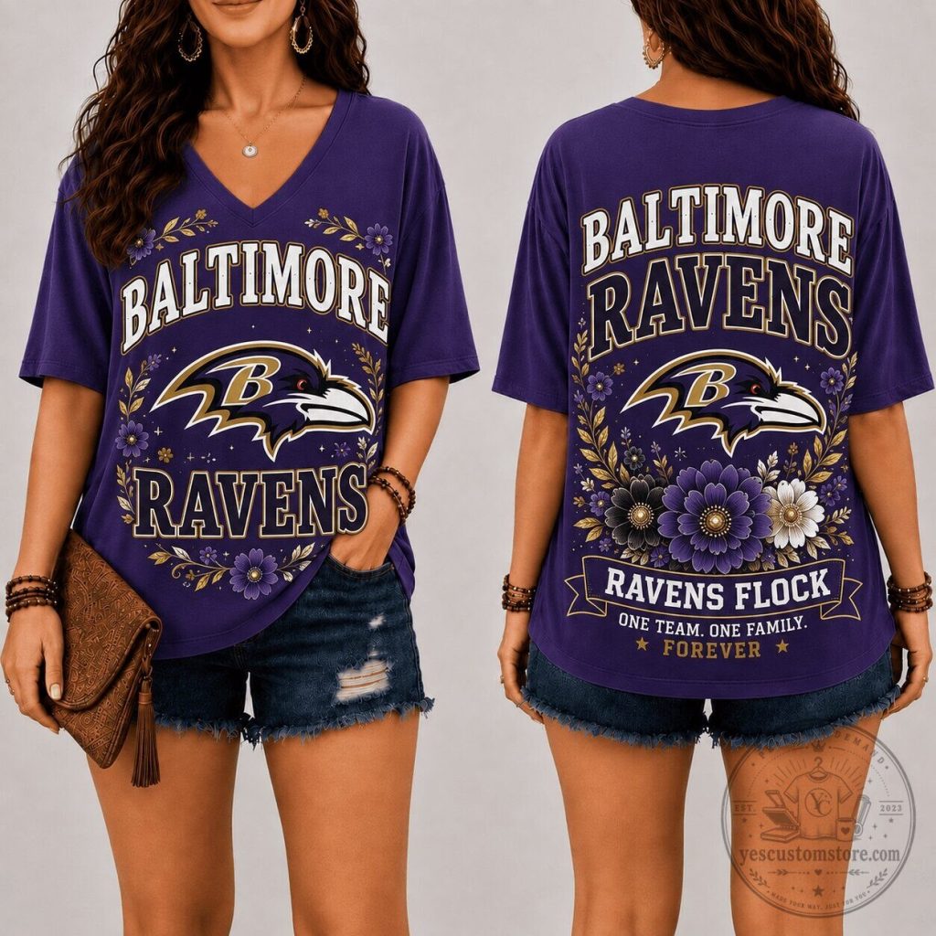 Baltimore Ravens One Team One Family Forever Floral V-Neck T-Shirt Baltimore Ravens One Team One Family Forever Floral V-Neck T-Shirt