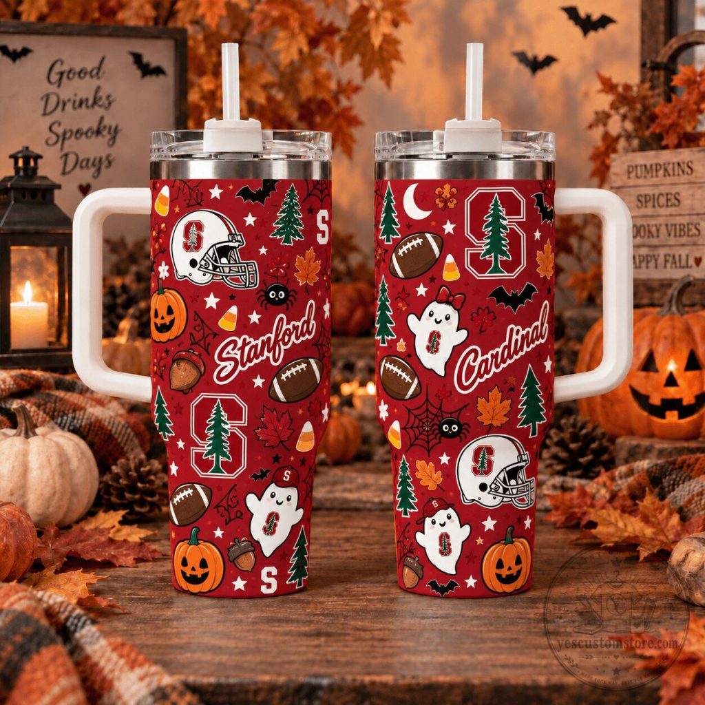 Stanford Cardinal Halloween Football Ghost Pattern 40oz Tumbler with Handle Stanford Cardinal Halloween Football Ghost Pattern 40oz Tumbler with Handle